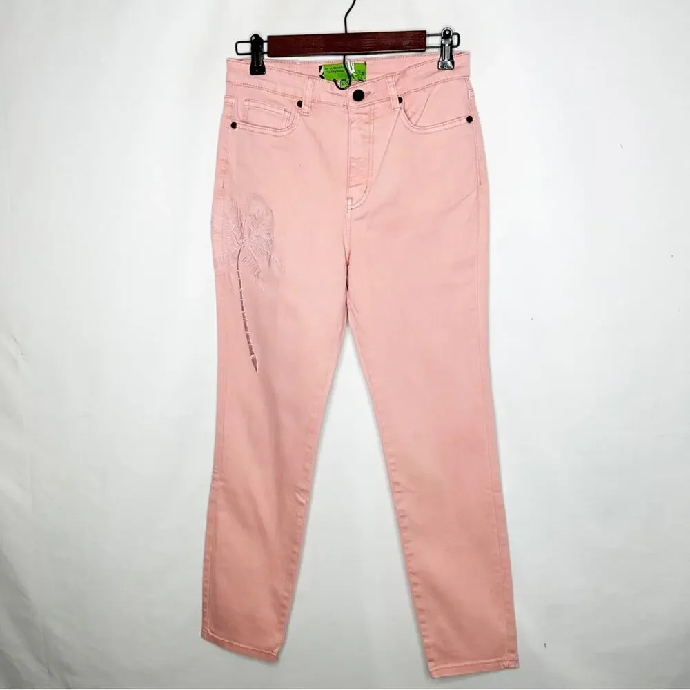 SANDRINE ROSE High Waisted Skinny Jeans Embroidered Palm Tree in Petal NWT - 28 - Picture 2 of 9